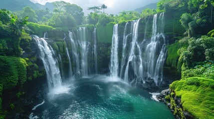 Serene Waterfall Cascading Through Lush Green Foliage
