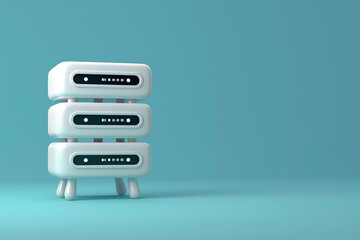 Smiling 3D big data character icon with a stack of servers, standing on a neutral background