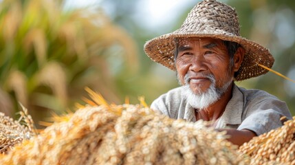 Fototapeta premium A farmer threshing rice by beating the stalks against a wooden frame, separating the grains, a common sight during harvest season, isolated on a white background. 