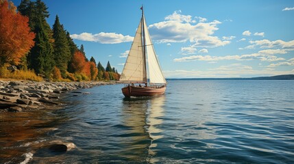 Breezy sailboat on crystal-clear lake
