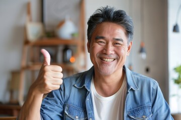 Portrait of a cheerful asian man in his 50s showing a thumb up while standing against modern...