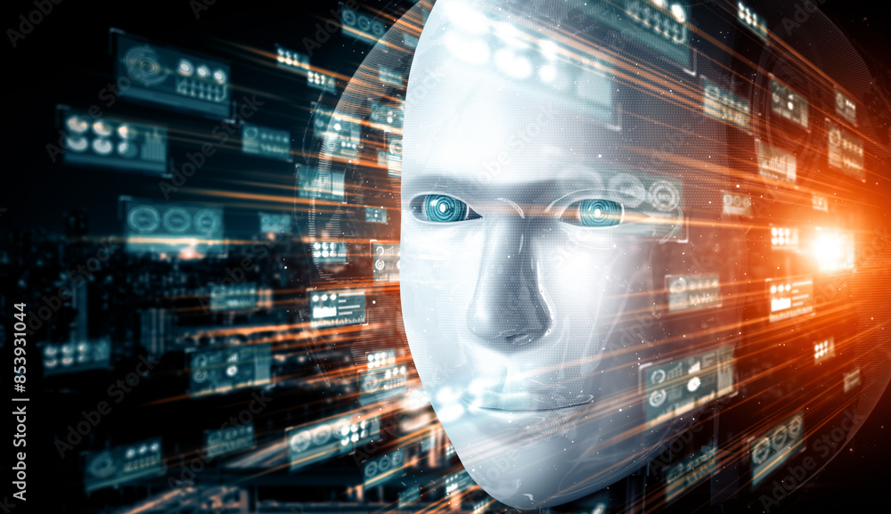 Poster mlp 3d illustration robot humanoid face close up with graphic concept of big data analytic by ai thi