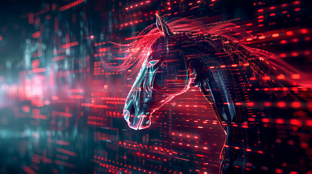 Computer virus malware attack represented by Trojan Horse malware in a digital cyberspace environment, cyber security concept