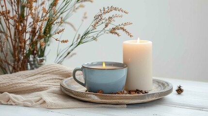 A soothing composition featuring a cup of coffee and a lit candle on a plate, accented with knitwear and pinecones