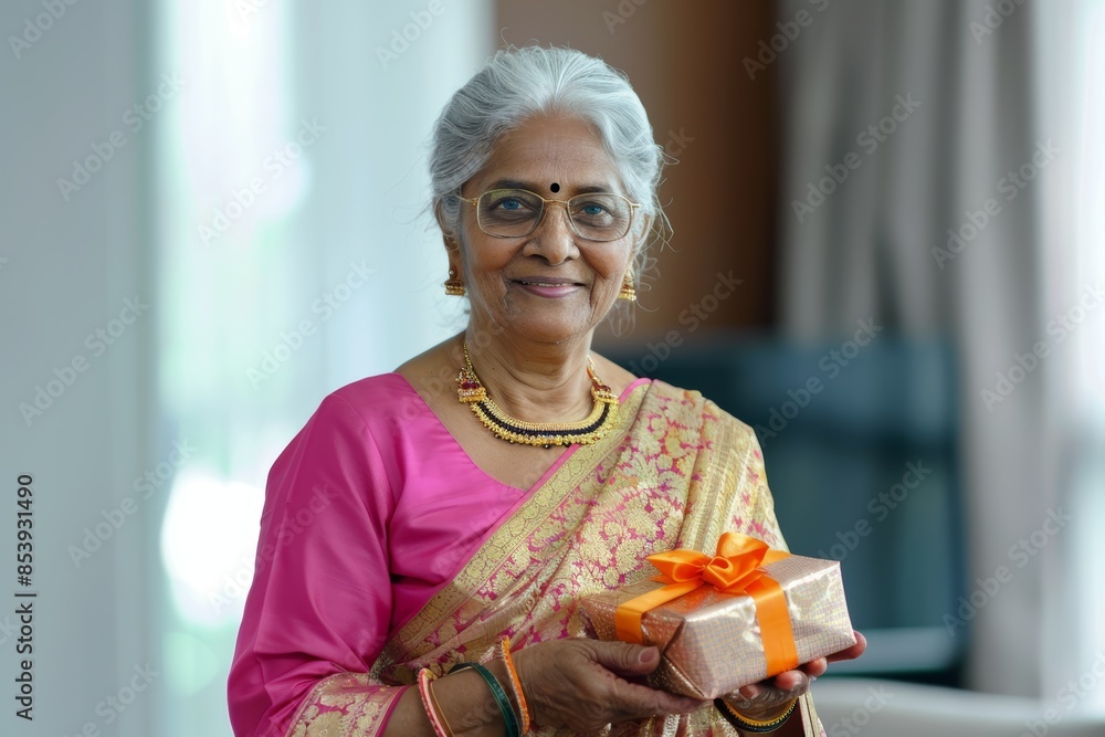 Wall mural Portrait of a grinning indian woman in her 70s holding a gift in modern minimalist interior - Wall murals