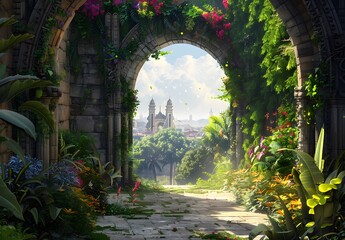 Fototapeta premium Beautiful, lush garden with vibrant flowers and greenery leading to an ancient archway, symbolizing the journey through life's doorways