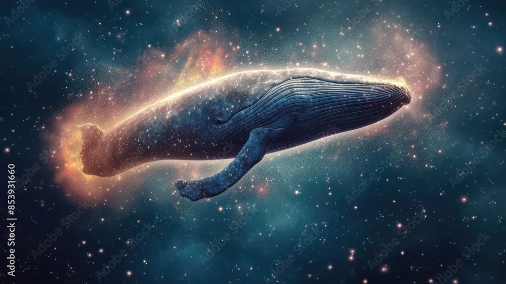 Poster surreal art design of a whale floating in space with a cosmic background and starry sky. digital art