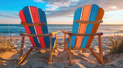 Two Adirondack chairs on a beach at sunset offer a sense of relaxation, vacation, and peacefulness facing the ocean