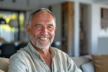 Portrait of a satisfied caucasian man in his 60s smiling at the camera isolated in modern minimalist interior