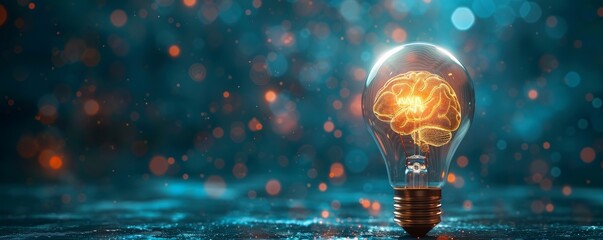 A light bulb with the glowing brain inside, symbolizing creativity and innovation in business concept on dark blue background