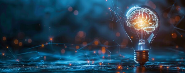 A light bulb with the glowing brain inside, symbolizing creativity and innovation in business concept on dark blue background