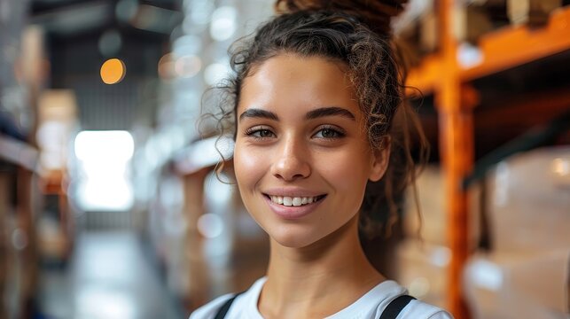 Cheerful warehouse worker posing casually in a well-lit storage facility with organized shelves