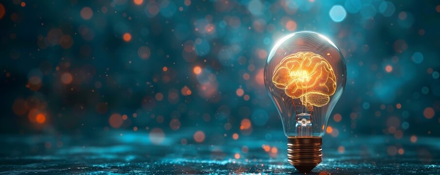 A light bulb with the glowing brain inside, symbolizing creativity and innovation in business concept on dark blue background