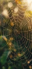 Fototapeta premium sunlit spider web with dewdrops sparkling like jewels soft blurred background enhances the intricate web pattern and natural beauty