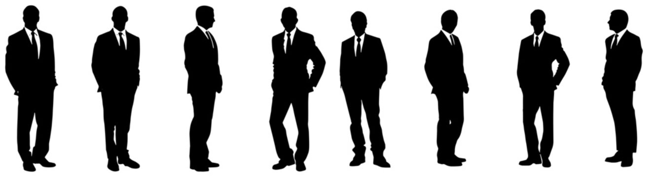 silhouettes of a man in a business suit in different poses, in black, isolated 