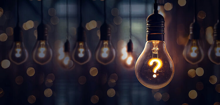 Hanging Question mark with light bulb concept, concept for assessments, test, exam, quiz, puzzle, knowledge checks backgrounds, concept of help, concept of solution.