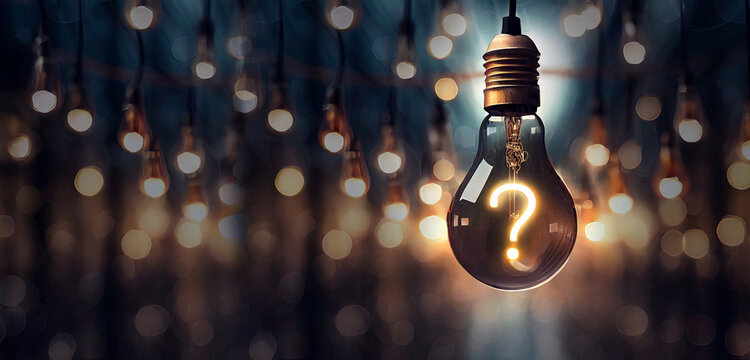 Hanging Question mark with light bulb concept, concept for assessments, test, exam, quiz, puzzle, knowledge checks backgrounds, concept of help, concept of solution.