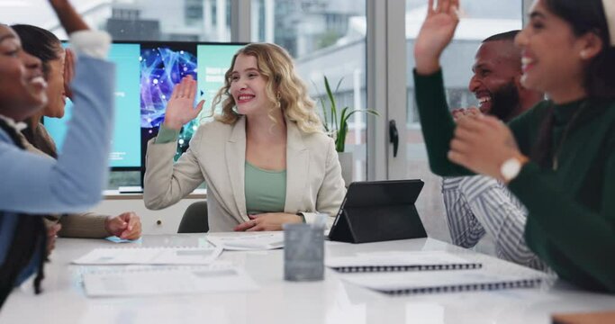 Documents, high five and success with business people clapping in boardroom of office for support. Applause, motivation and well done with winner employee team in workplace for bonus, goals or target