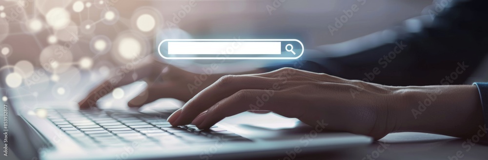 Poster hands typing on a keyboard with a search engine interface overlay, symbolizing technology and intern