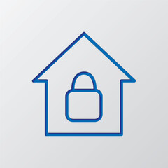 Lock, house simple icon. Flat design. Paper cut design. Cutted blue symbol with shadow. Gray background