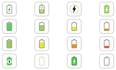 Battery charge level indicator icon set in white background. Set of vertical battery level indicators in percentage. Battery charge mixed color flat icons. Battery power icon powerfully charged.