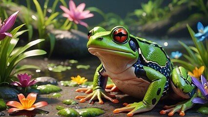 Frog on a tree leaf in nature, isolated on white background, closeup of small green amphibian with colorful eye