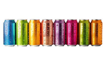 A row of nine colorful beverage cans with condensation, featuring a spectrum of colors (green, blue, orange, pink, and more), highlighting a variety of drink options,cutout on transparent backgrounds.