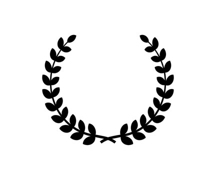 Laurel wreath. Black leaves award icon isolated on white background. Leaf emblem. Winner circle wreath. Victory round crown. Symbol border. Branch logo. Tree with leave. Coat arms. Vector illustration