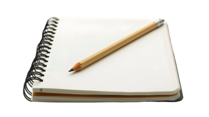 An open spiral notebook with a pencil resting on it,cutout on transparent backgrounds.