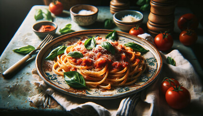 a plate of spaghetti with tomato sauce and basil