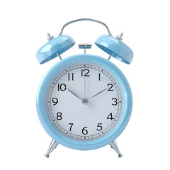A blue twin-bell alarm clock showing the time 10:10,cutout on transparent backgrounds.