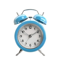 A light blue twin-bell alarm clock showing the time 10:10,cutout on transparent backgrounds.