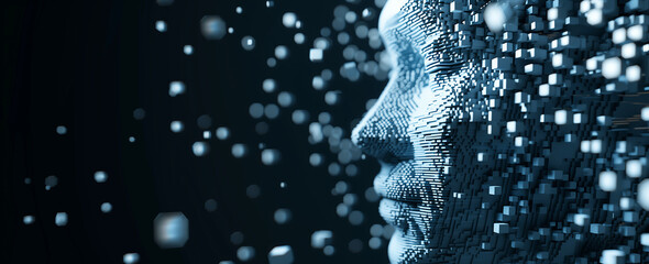 Futuristic banner of a white head dissolving into many cube particles, concept of big data and cyber security