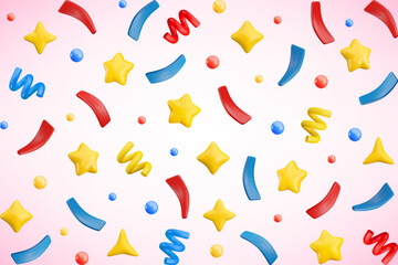 Vector 3d flying party confetti horizontal background. Colorful Realistic 3d poppers with star, bubble, sparkle, serpentine spiral and ribbon on pink. Festive cartoon 3d render firecracker background.