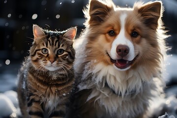 Friendship between two pets Even in the snow It gives a warm feeling in the picture. Able to convey the meaning of love between friends that comes from simplicity, friendliness, and inclusivity.