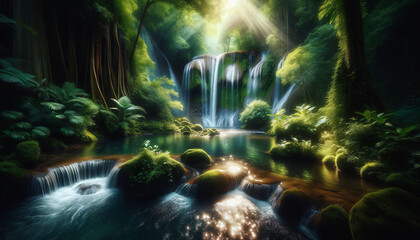 a painting of a waterfall in the middle of a forest