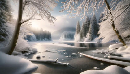 a painting of snow covered trees and a river
