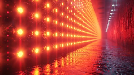 Wet red tunnel with glowing lights and reflection