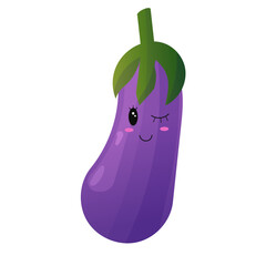 Cute eggplant with smiling face. Kawaii vegetable, cartoon design for kids. Vector isolated on white background.