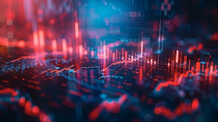 Vibrant digital financial data. Abstract glowing charts with red and blue hues symbolize stock market dynamics and analytics.