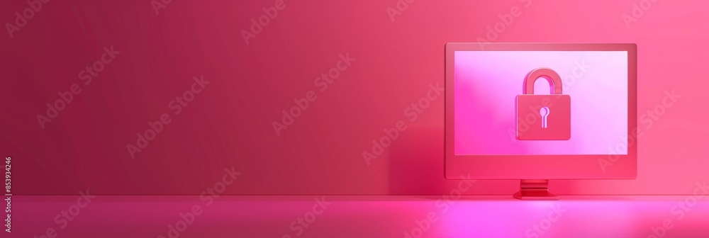 Poster cybersecurity, a minimalistic 3d computer screen with a lock icon on a neon magenta background, symb