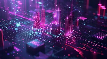 Futuristic digital cityscape with neon lights and data visualization elements representing modern technology and innovation.