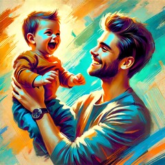 Obraz premium A digital painting of a joyful father holding his young little boy in the air