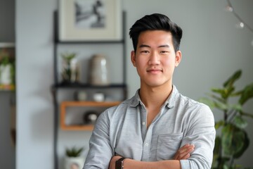 Fototapeta premium Portrait of a satisfied asian man in his 20s with arms crossed isolated in modern minimalist interior