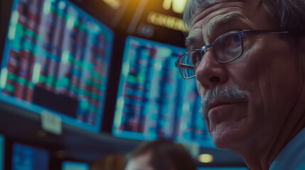 A focused and serious stock trader intently watching market screens filled with financial data, highlighting the intensity and focus of the trading floor environment.