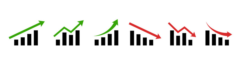 Graph rise and decrease. Red arrow goes down sign. Green market up. Crisis icon isolated. © Precious