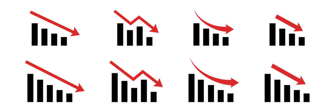 Graph decrease. Red arrow goes down sign. Crisis icon isolated.