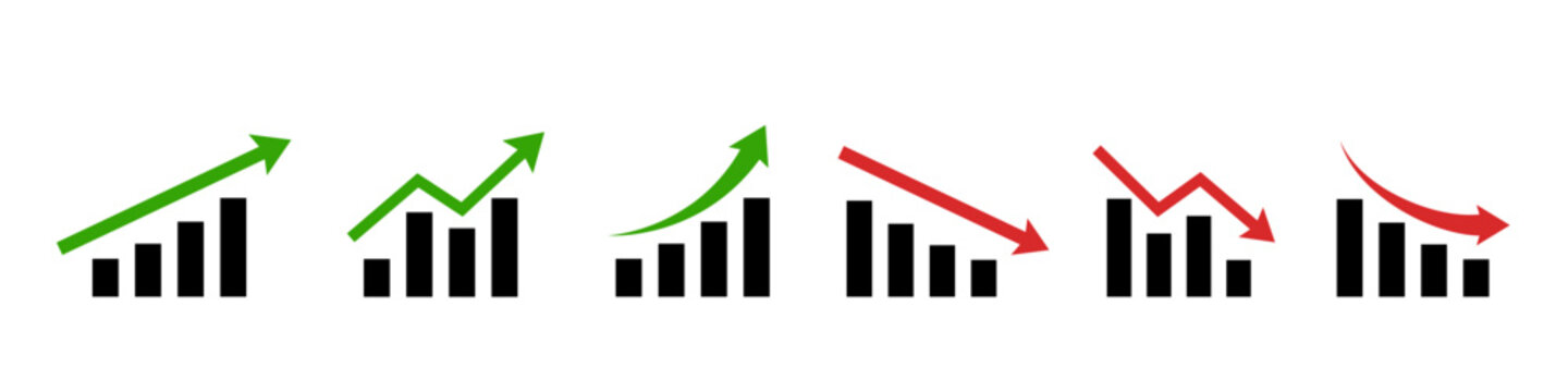 Graph rise and decrease. Red arrow goes down sign. Green market up. Crisis icon isolated.
