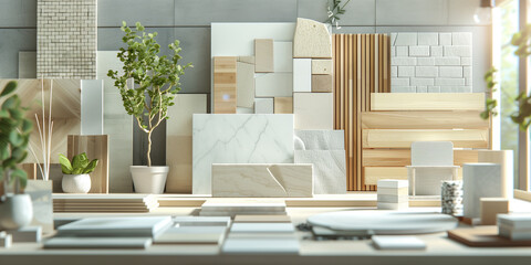 A close-up of a table displaying a variety of eco-friendly building materials, including wood, stone, and tile