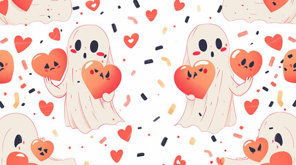 Fototapeta premium A Halloween themed pattern of ghosts holding hearts